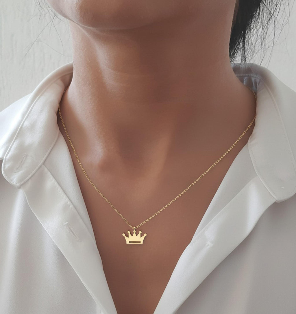 14K Solid Gold Crown Pendant Necklace, gallery view 6 of 6