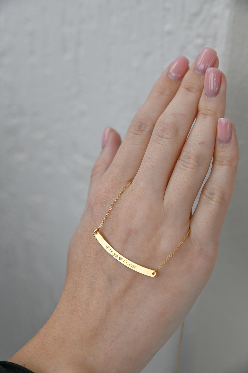 14K Solid Gold Curved Bar Necklace – Personalized Name with Coordinates, gallery view 10 of 10