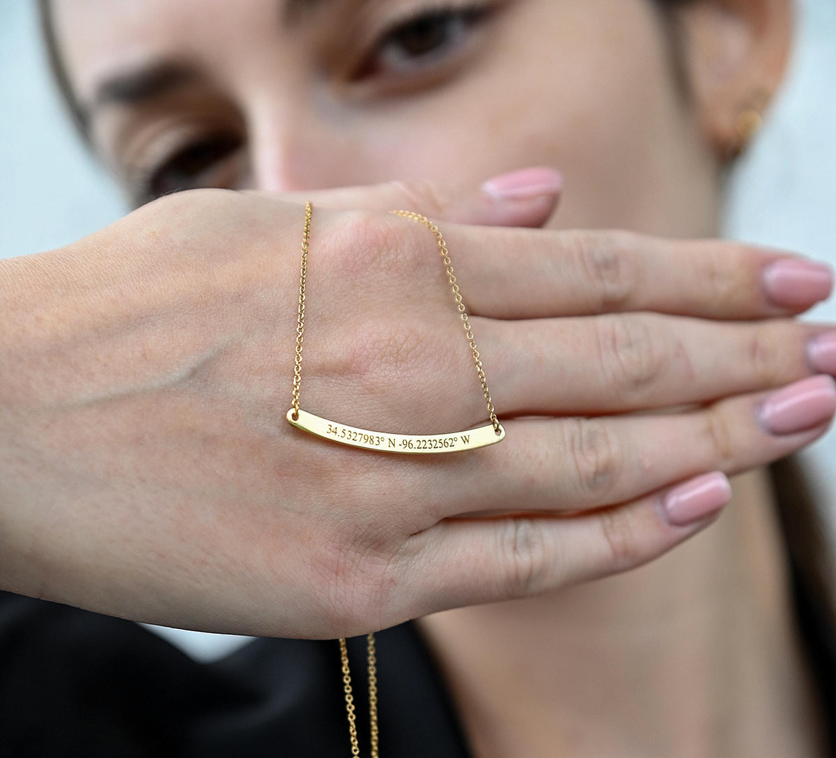 14K Solid Gold Curved Bar Necklace – Personalized Name with Coordinates, gallery view 2 of 10