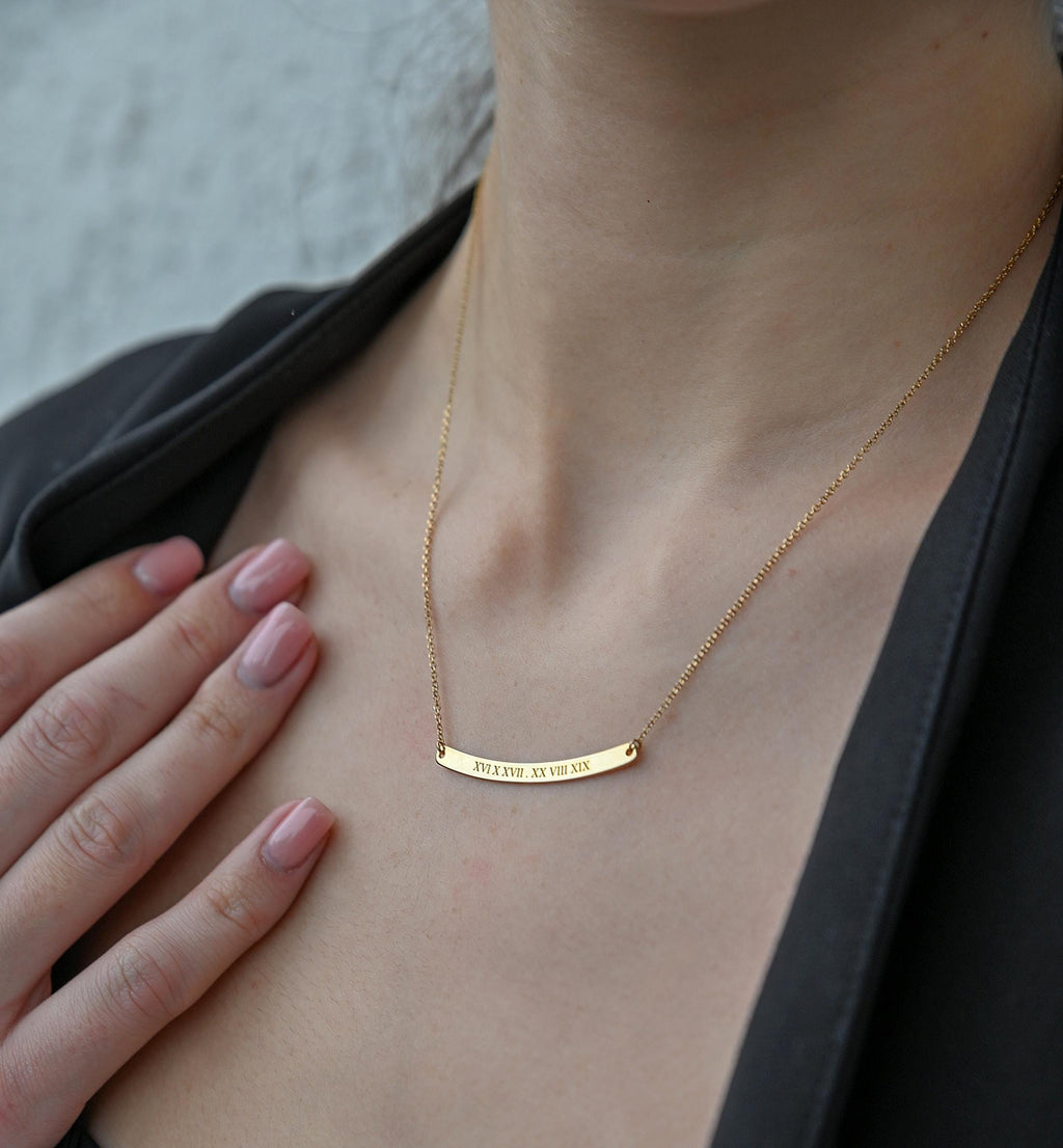 14K Solid Gold Curved Bar Necklace – Personalized Name with Coordinates, gallery view 8 of 10