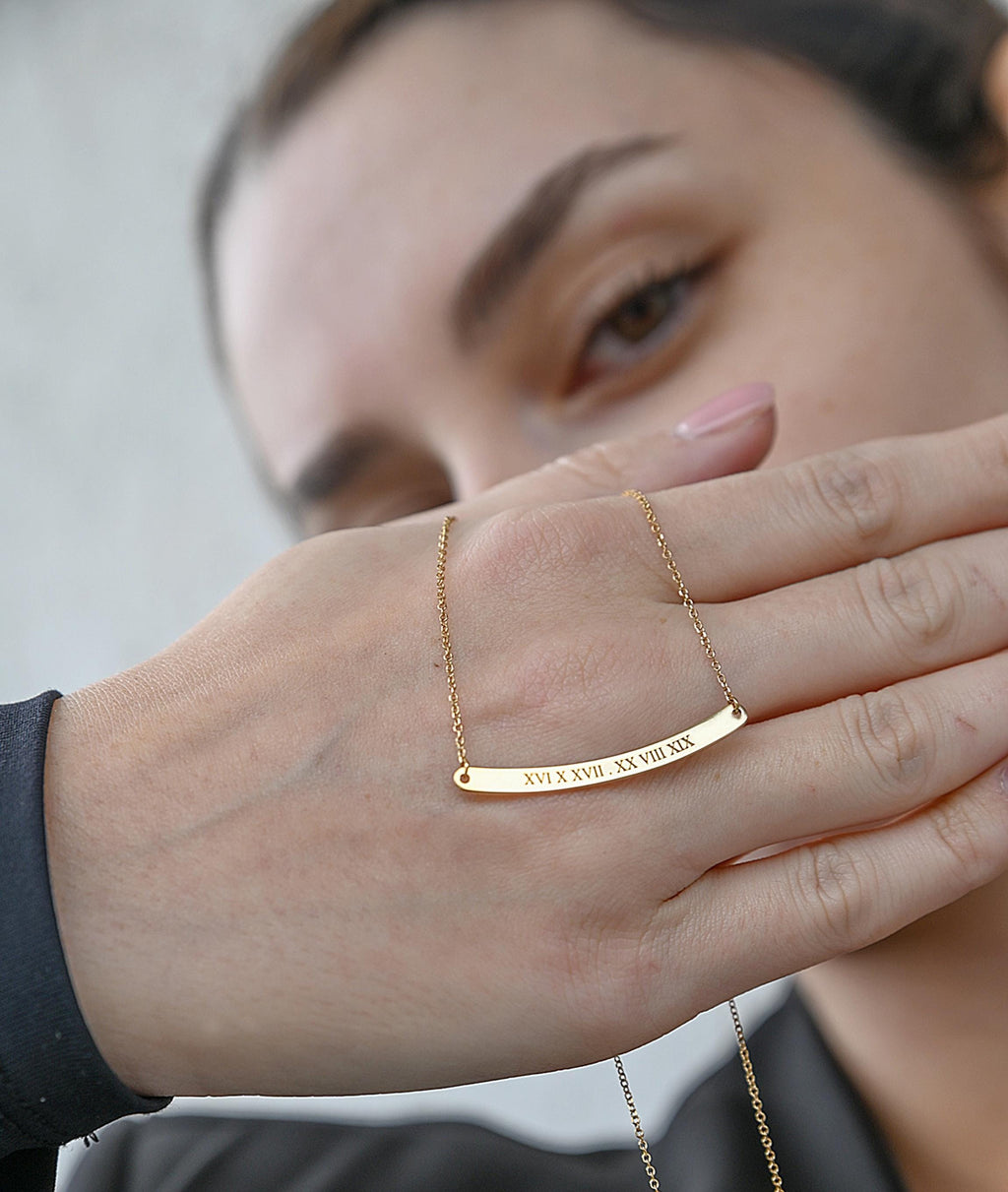 14K Solid Gold Curved Bar Necklace – Personalized Name with Coordinates, gallery view 9 of 10