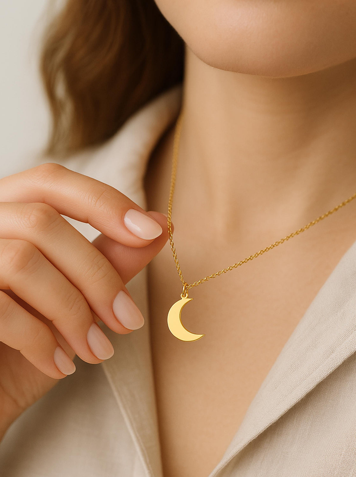14K Solid Gold Dainty Crescent Moon Necklace, main product view