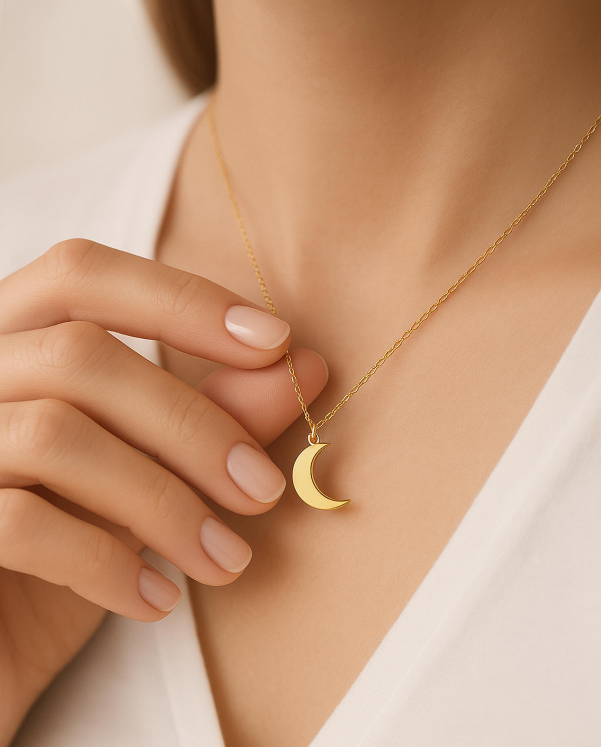 14K Solid Gold Dainty Crescent Moon Necklace, gallery view 3 of 8