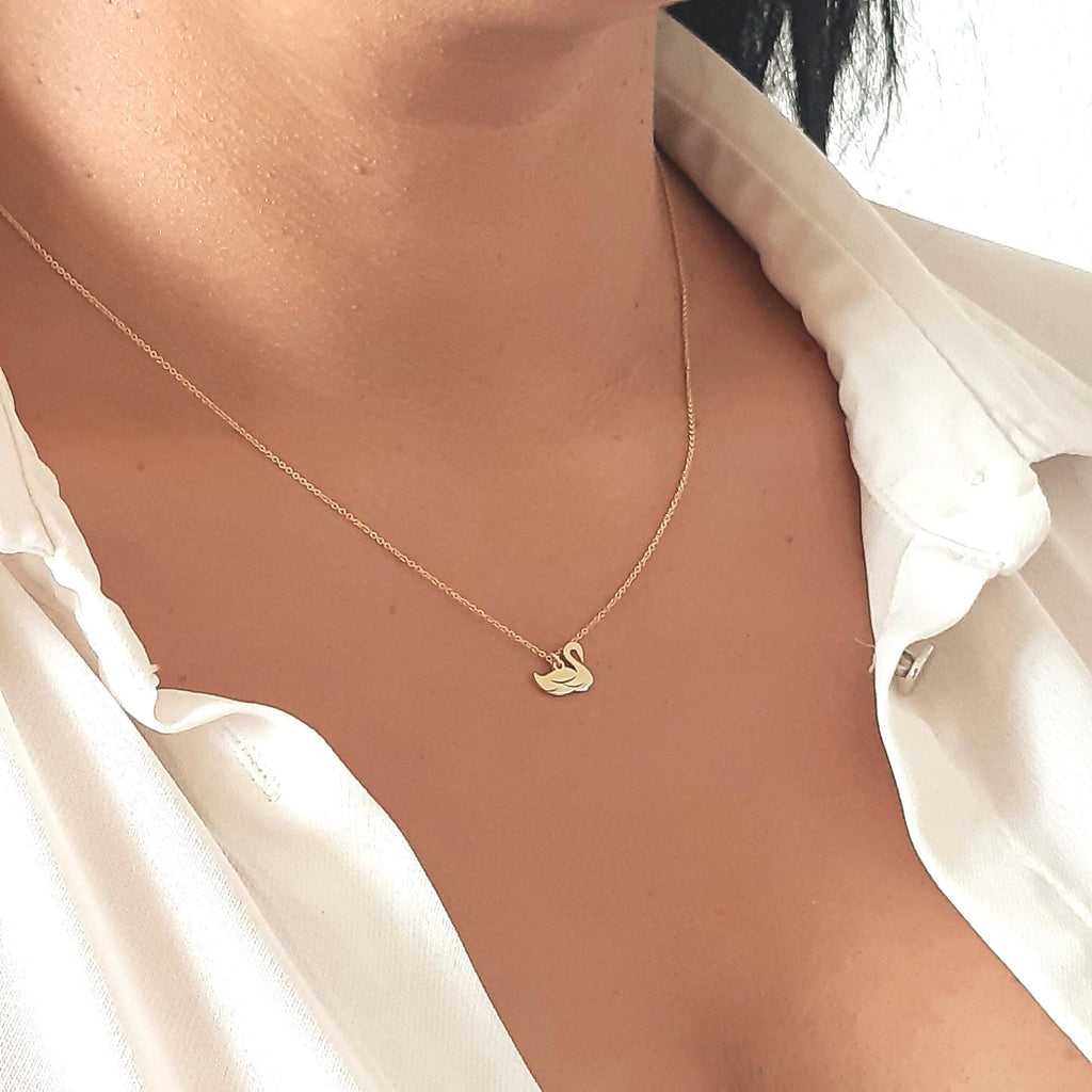 14K Solid Gold Dainty Swan Pendant Charm Necklace, main product view