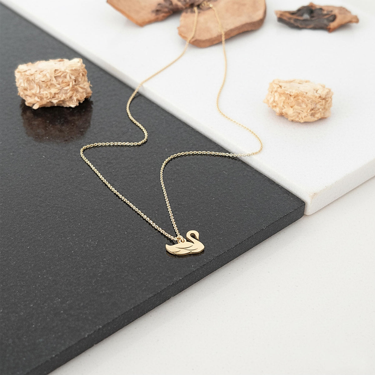 14K Solid Gold Dainty Swan Pendant Charm Necklace, gallery view 2 of 7