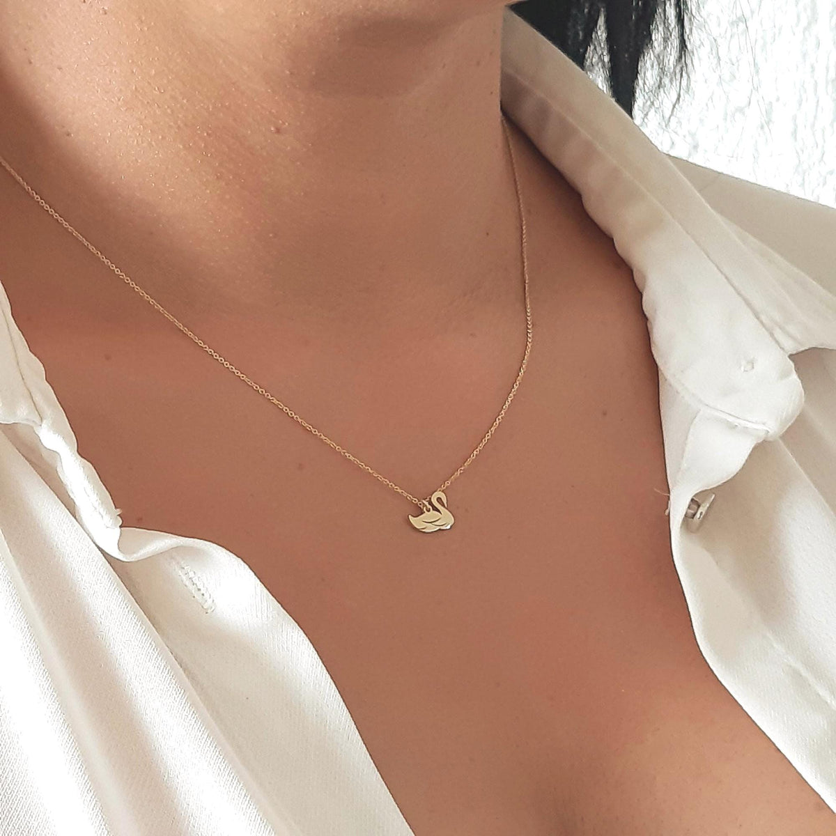14K Solid Gold Dainty Swan Pendant Charm Necklace, gallery view 3 of 7