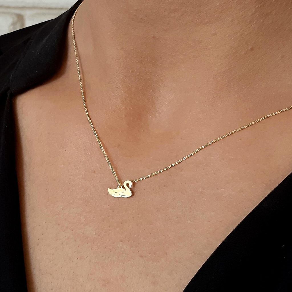 14K Solid Gold Dainty Swan Pendant Charm Necklace, gallery view 6 of 7
