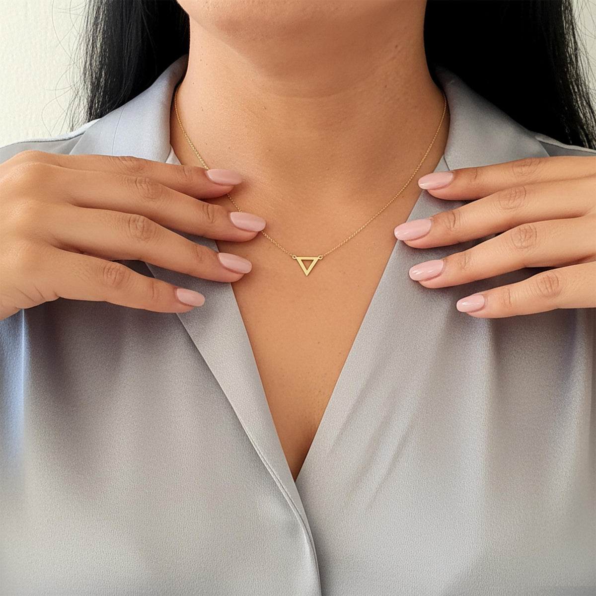 14K Solid Gold Dainty Triangle Necklace – Minimalist Charm, gallery view 2 of 7
