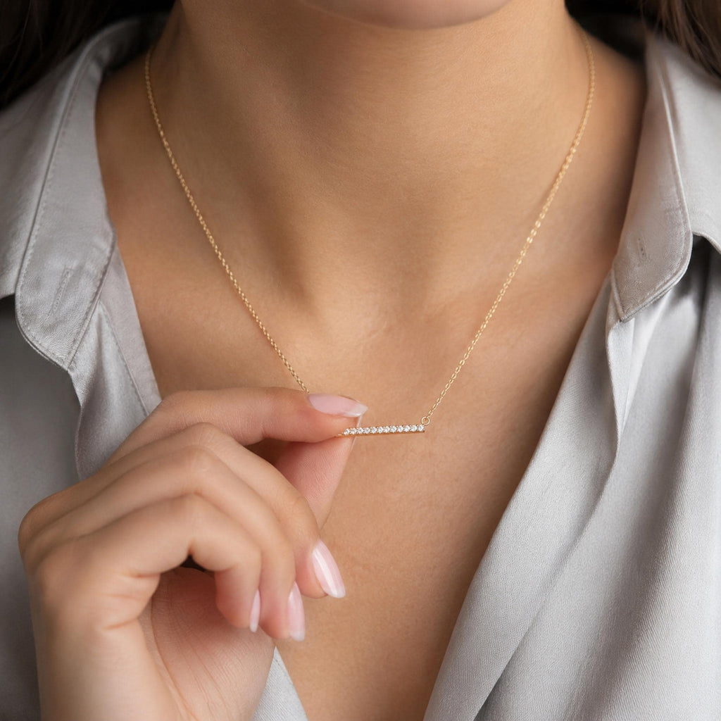 14K Solid Gold Diamond Bar Necklace, gallery view 10 of 10