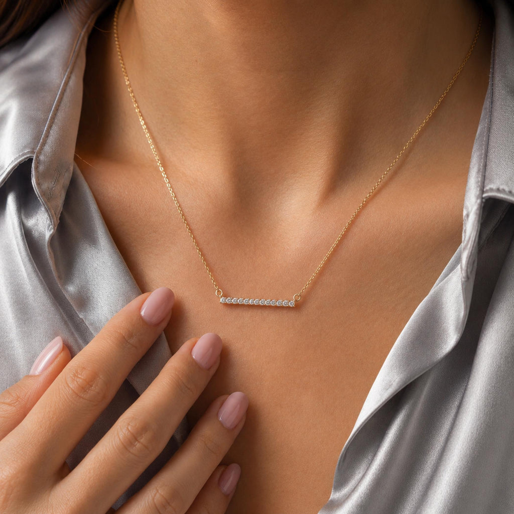 14K Solid Gold Diamond Bar Necklace, gallery view 2 of 10
