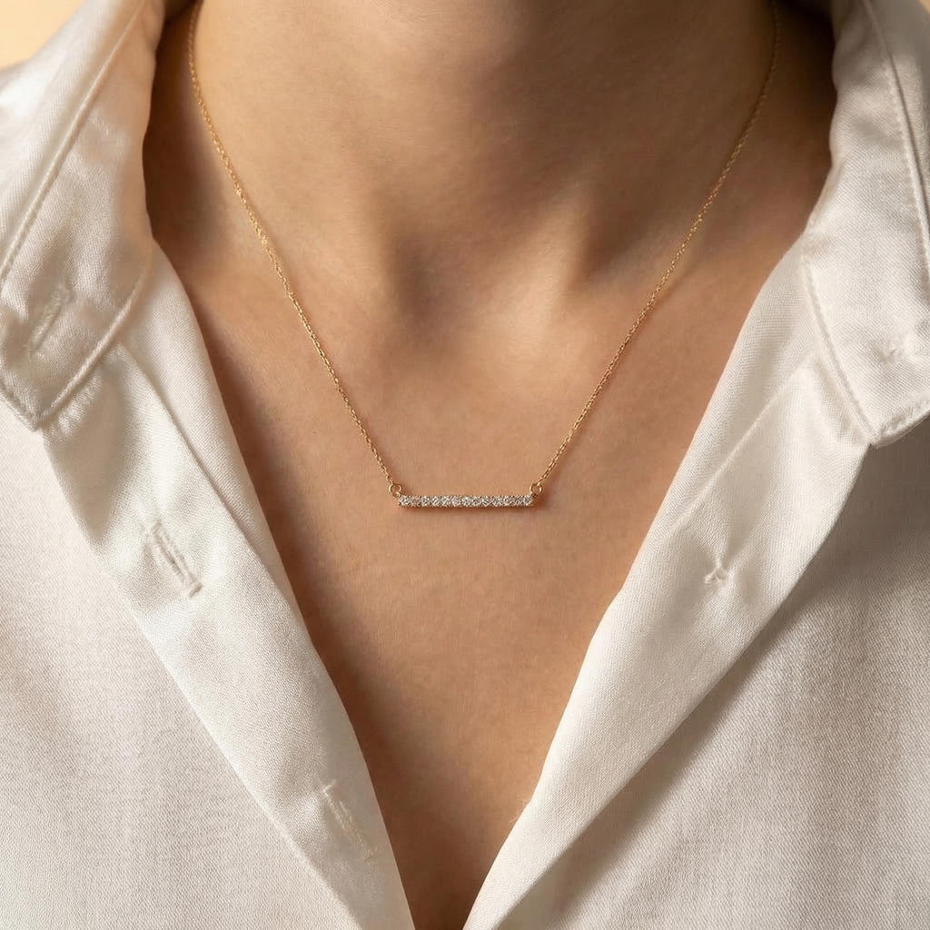 14K Solid Gold Diamond Bar Necklace, gallery view 4 of 10