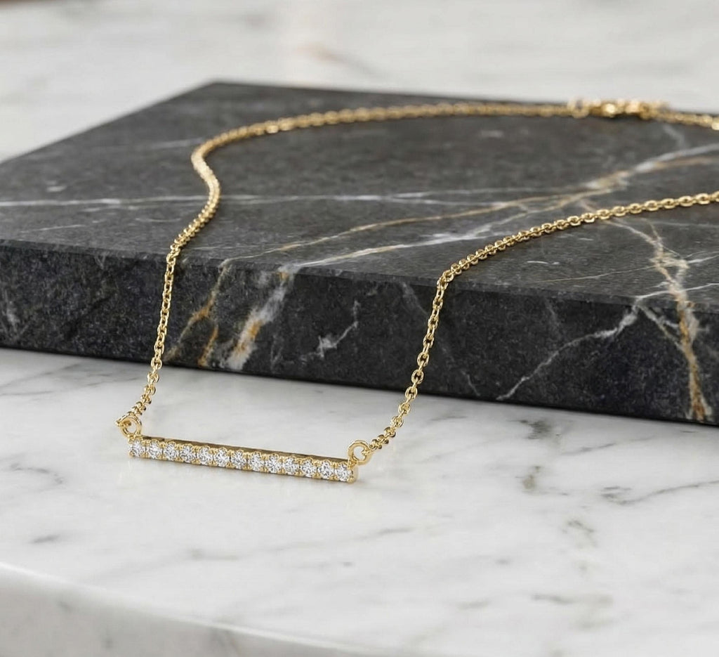 14K Solid Gold Diamond Bar Necklace, gallery view 7 of 10