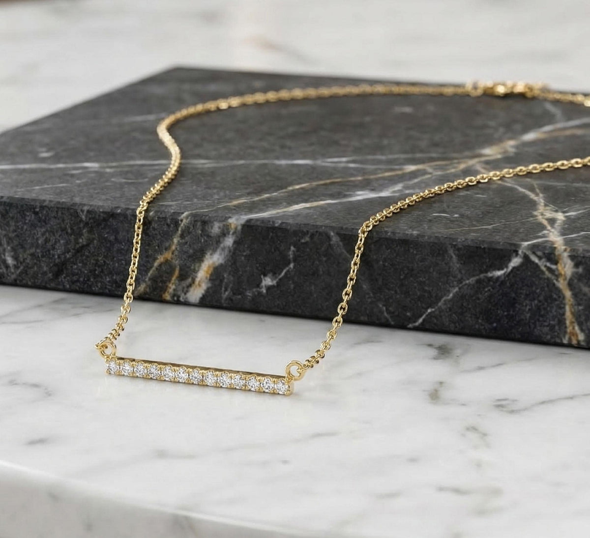 14K Solid Gold Diamond Bar Necklace, gallery view 7 of 10