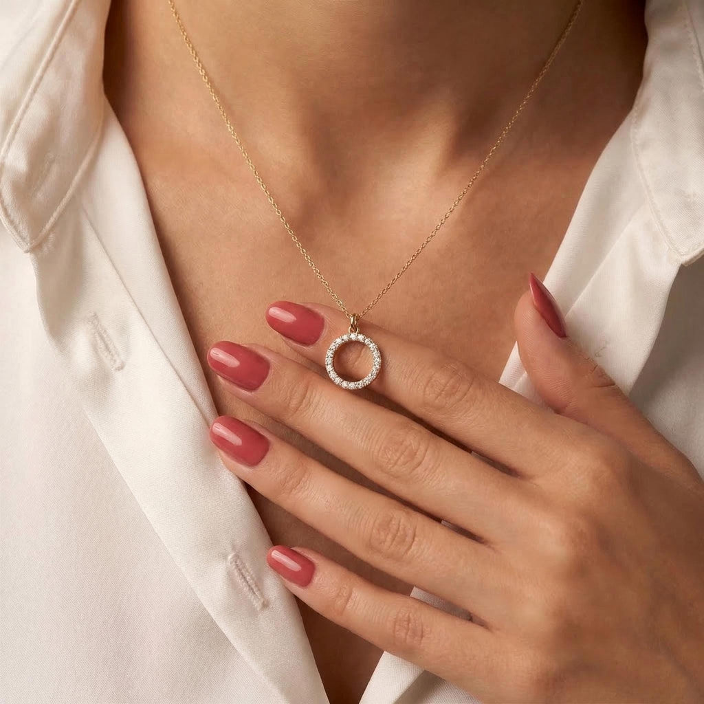 14K Solid Gold Diamond Circle Karma Necklace – Dainty Pendant, main product view