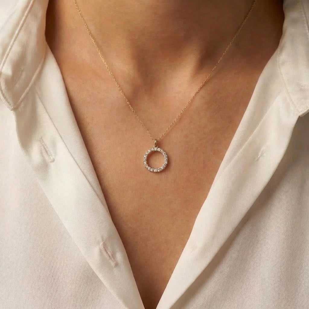 14K Solid Gold Diamond Circle Karma Necklace – Dainty Pendant, gallery view 2 of 10