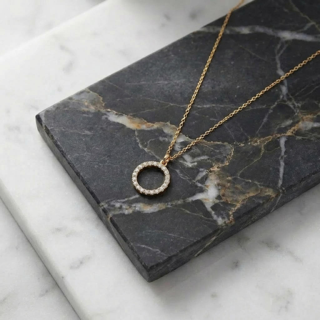 14K Solid Gold Diamond Circle Karma Necklace – Dainty Pendant, gallery view 4 of 10