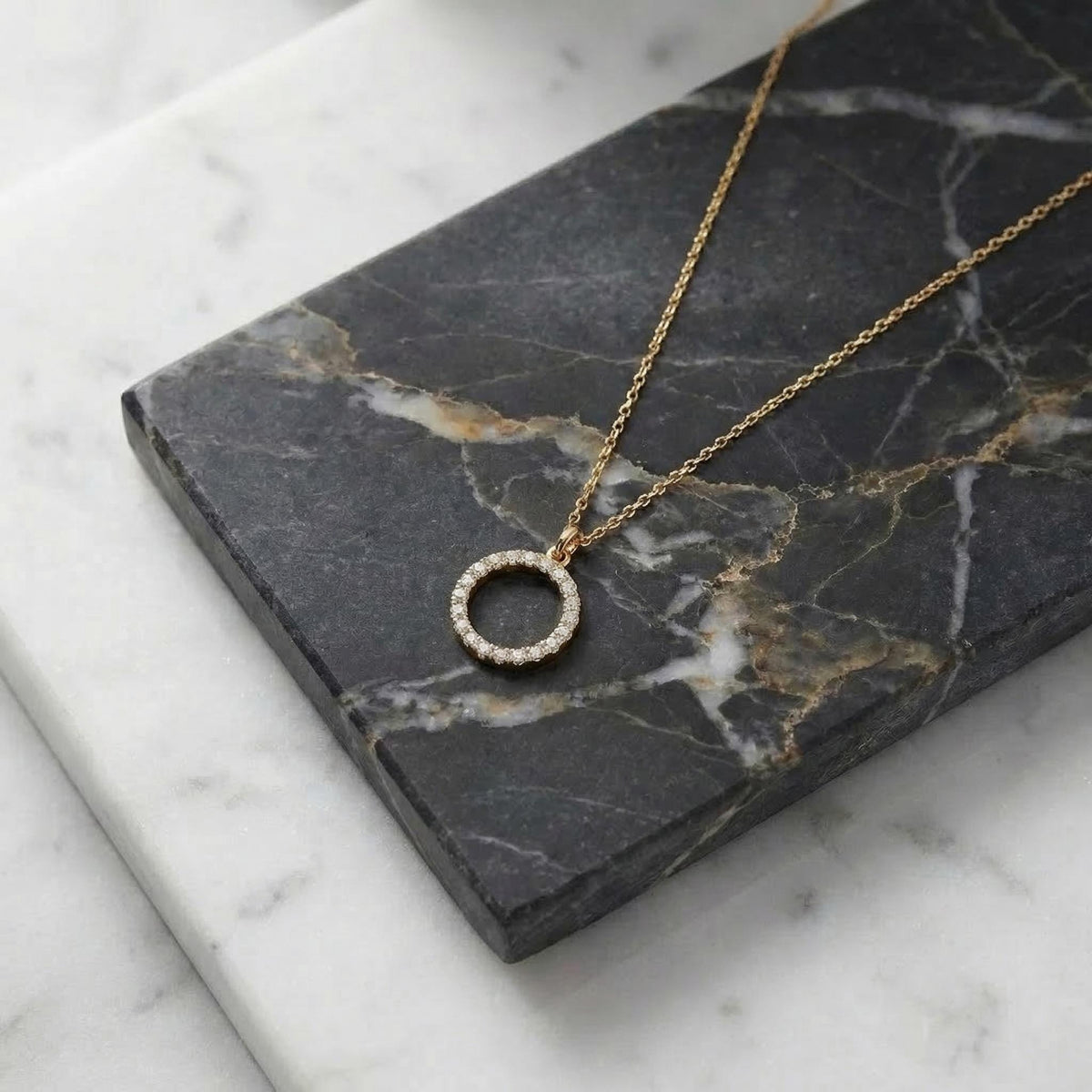 14K Solid Gold Diamond Circle Karma Necklace – Dainty Pendant, gallery view 4 of 10