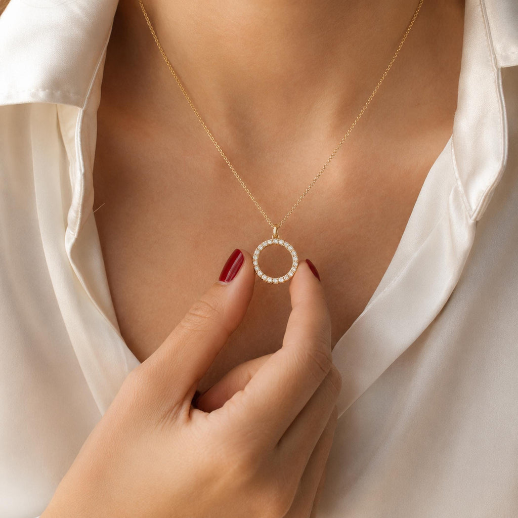14K Solid Gold Diamond Circle Karma Necklace – Dainty Pendant, gallery view 5 of 10