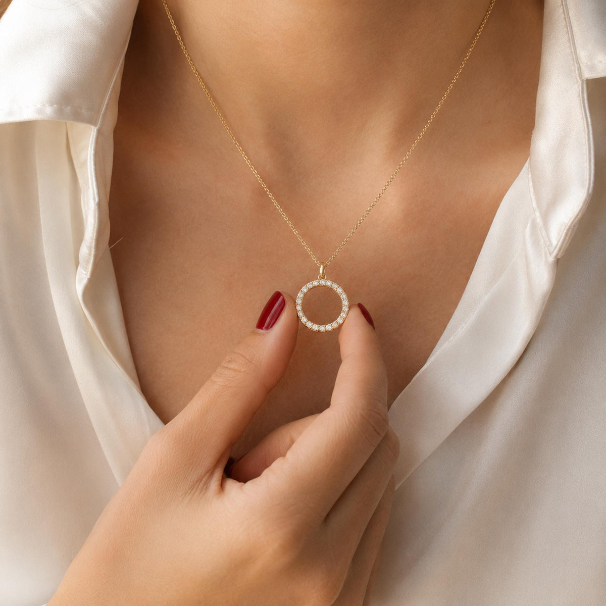 14K Solid Gold Diamond Circle Karma Necklace – Dainty Pendant, gallery view 5 of 10
