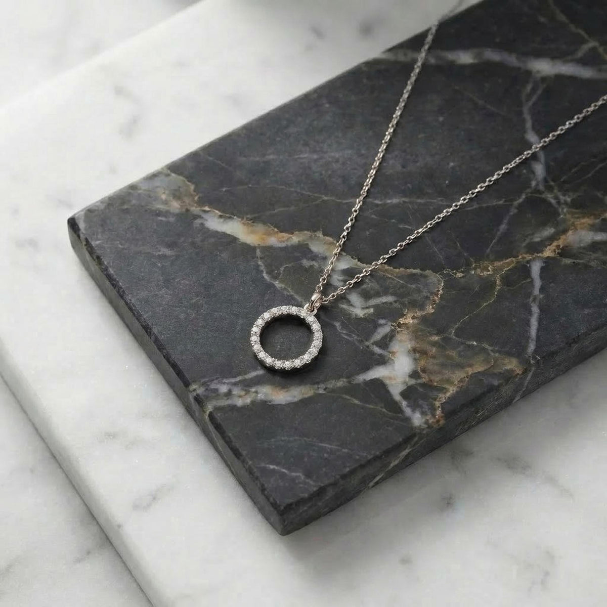 14K Solid Gold Diamond Circle Karma Necklace – Dainty Pendant, gallery view 7 of 10