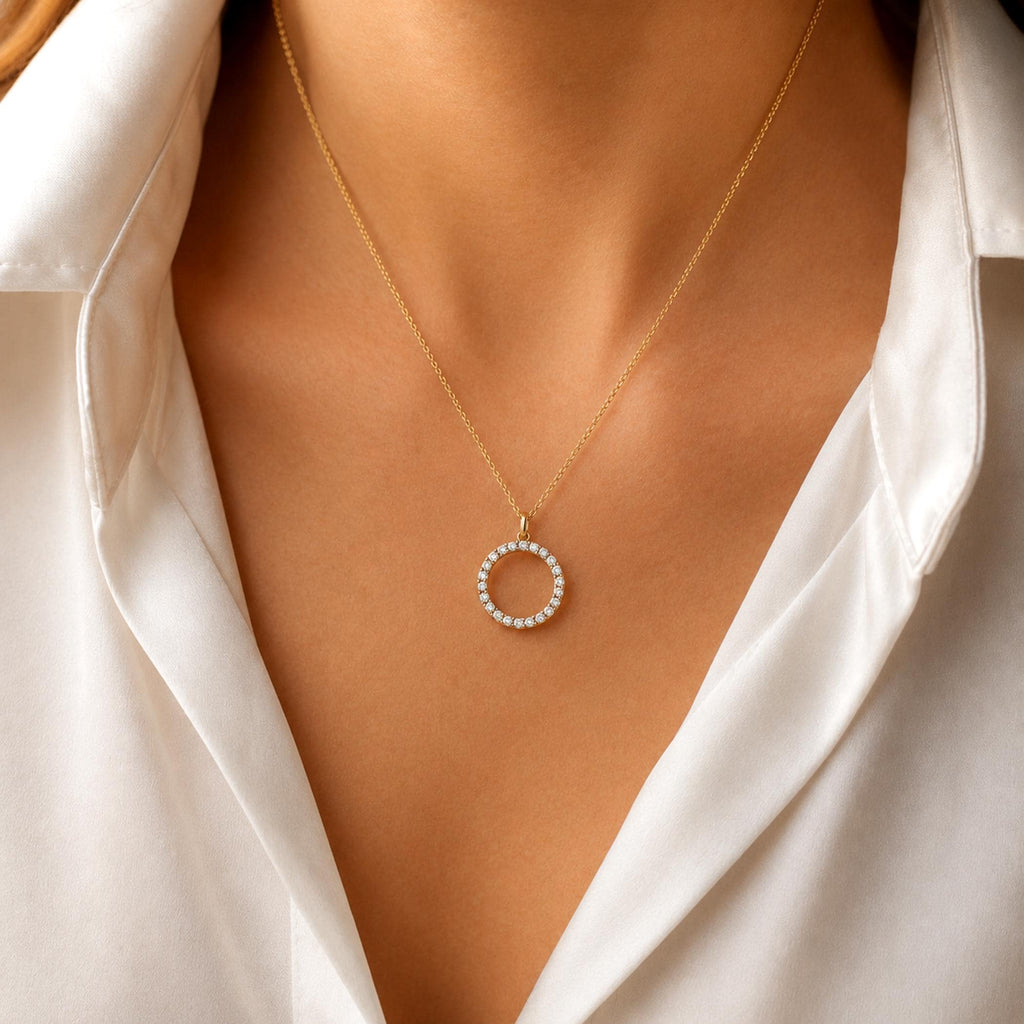 14K Solid Gold Diamond Circle Karma Necklace – Dainty Pendant, gallery view 8 of 10