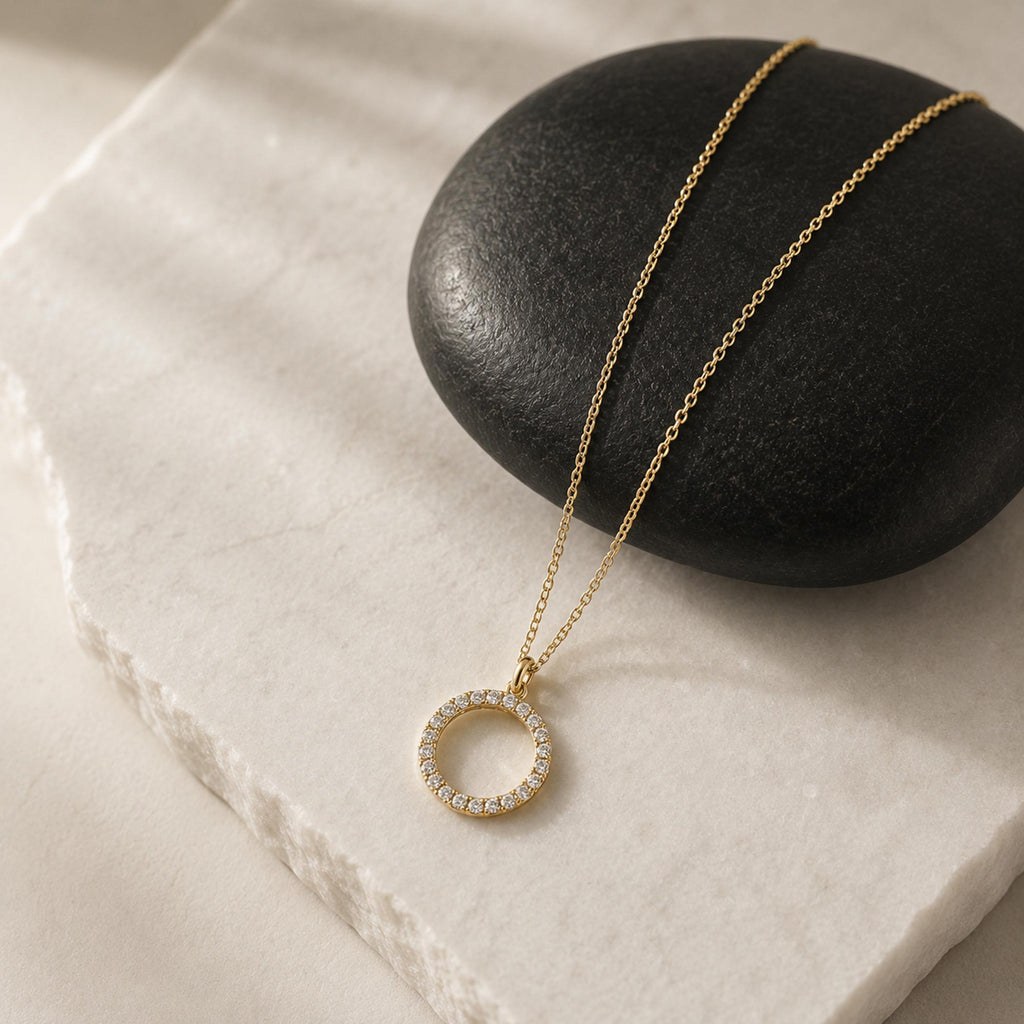 14K Solid Gold Diamond Circle Karma Necklace – Dainty Pendant, gallery view 9 of 10