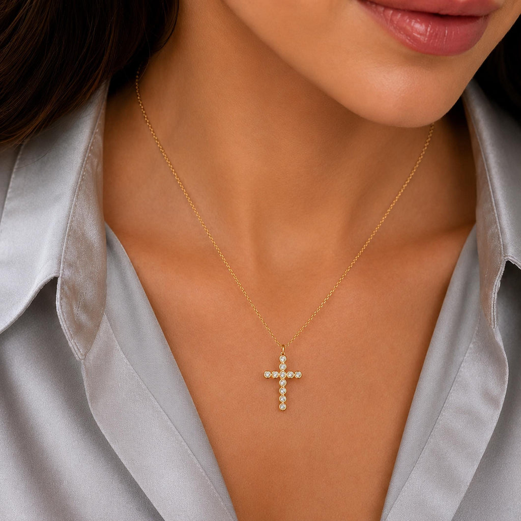 14K Solid Gold Diamond Cross Necklace – 0.33 Ctw Round Brilliant Pendant, gallery view 4 of 10