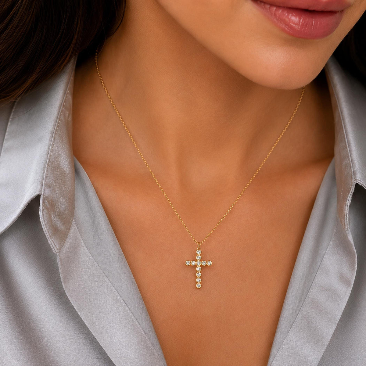 14K Solid Gold Diamond Cross Necklace – 0.33 Ctw Round Brilliant Pendant, gallery view 4 of 10