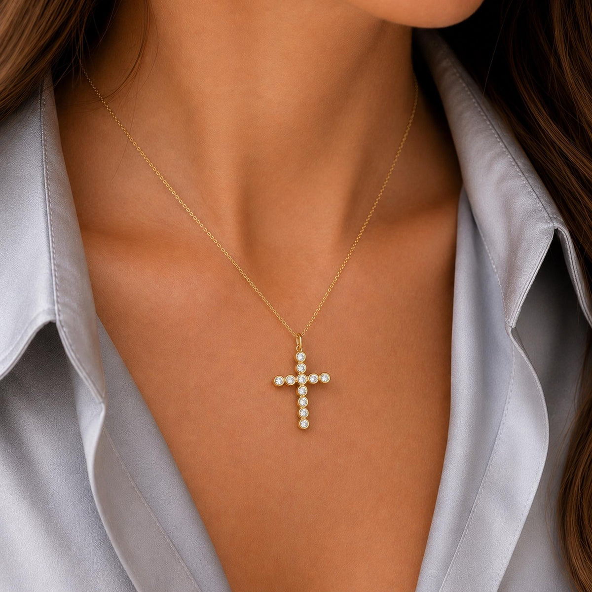 14K Solid Gold Diamond Cross Necklace – 0.33 Ctw Round Brilliant Pendant, gallery view 6 of 10