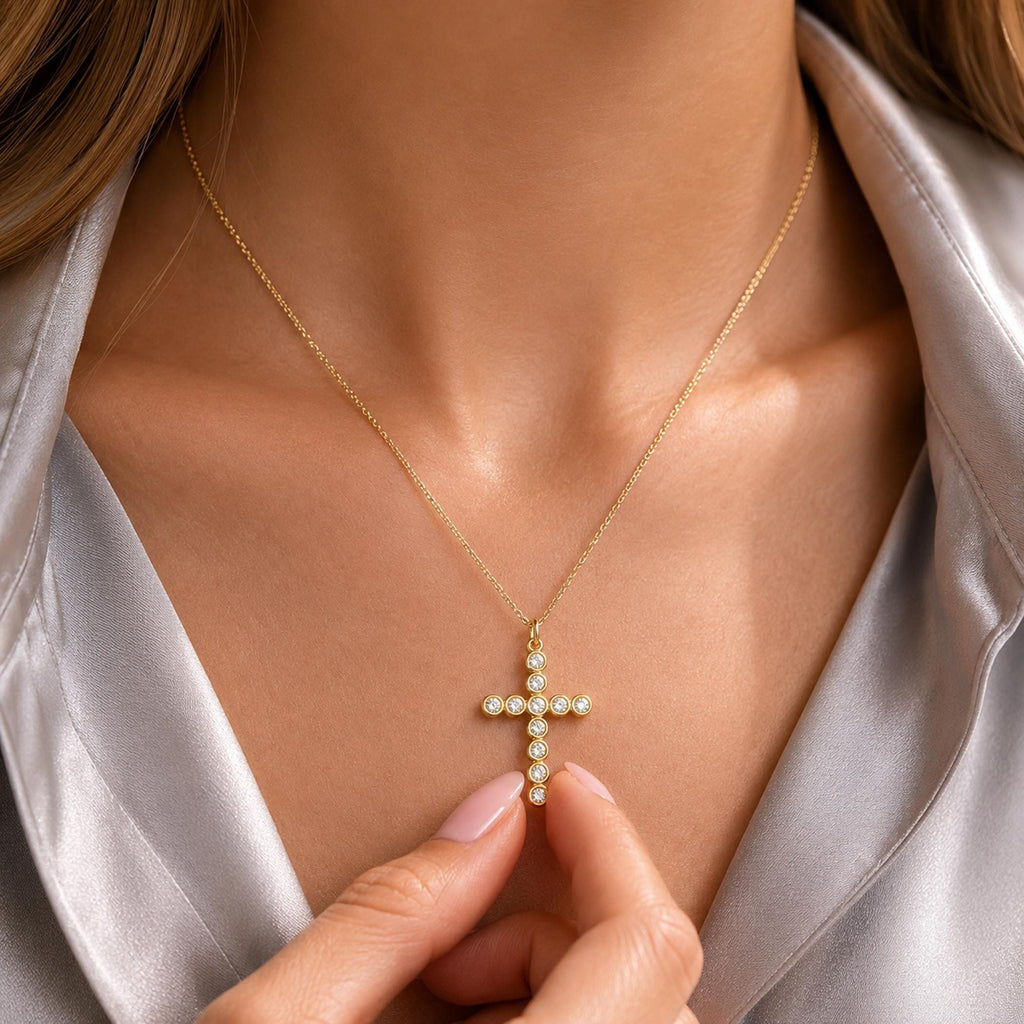 14K Solid Gold Diamond Cross Necklace – 0.33 Ctw Round Brilliant Pendant, gallery view 8 of 10
