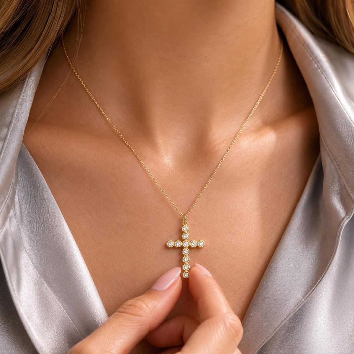 14K Solid Gold Diamond Cross Necklace – 0.33 Ctw Round Brilliant Pendant, gallery view 8 of 10