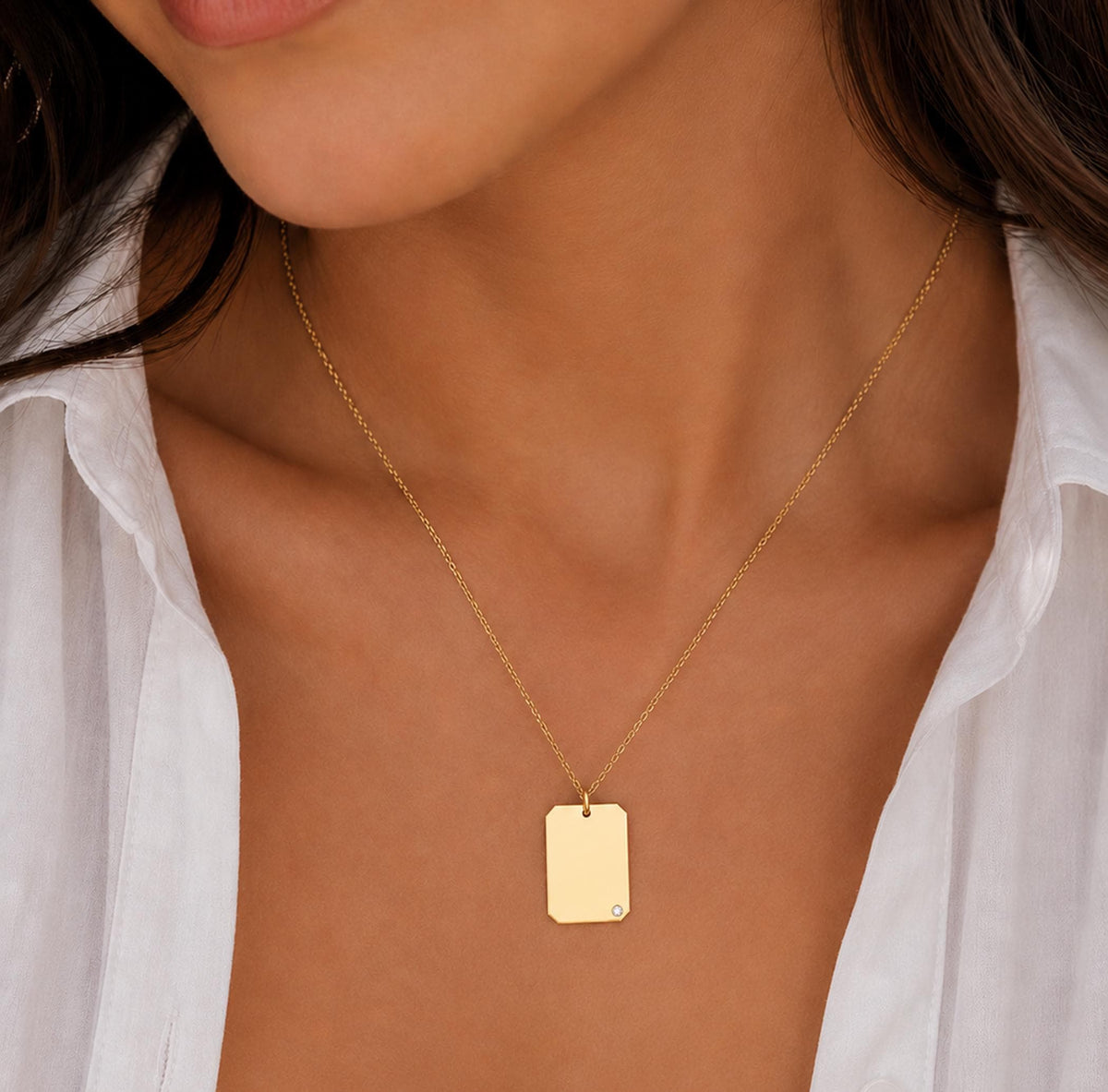 14K Solid Gold Diamond Dog Tag Necklace – Personalized Name, gallery view 4 of 10