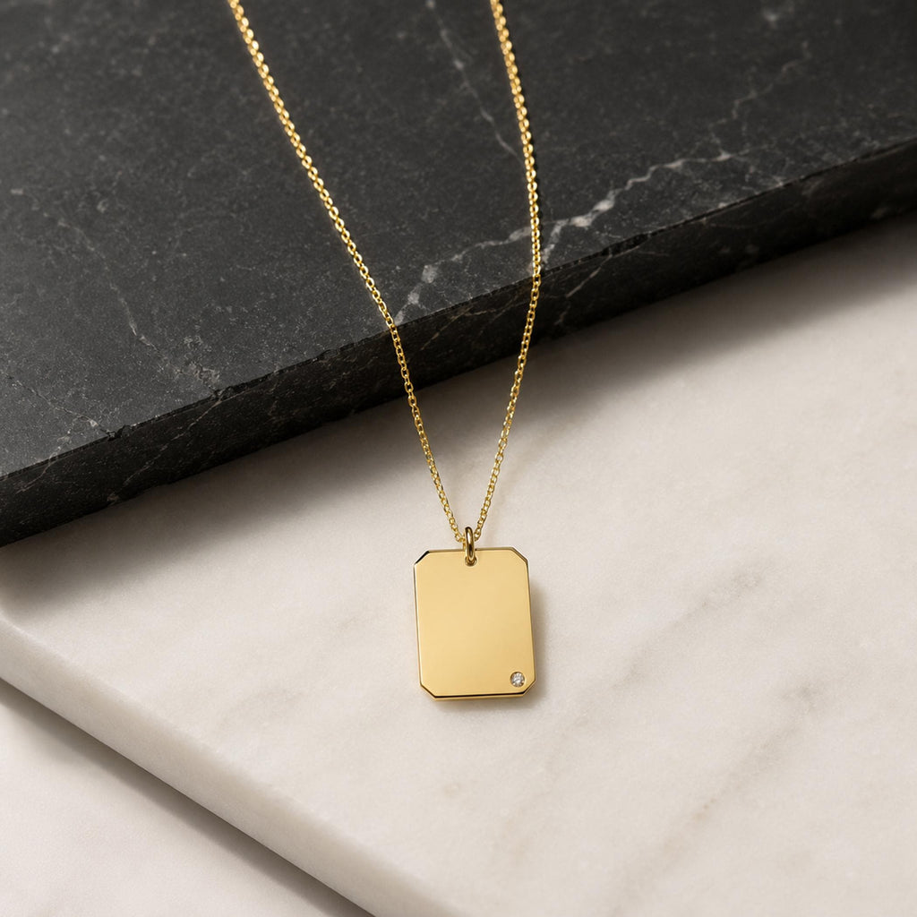 14K Solid Gold Diamond Dog Tag Necklace – Personalized Name, gallery view 7 of 10
