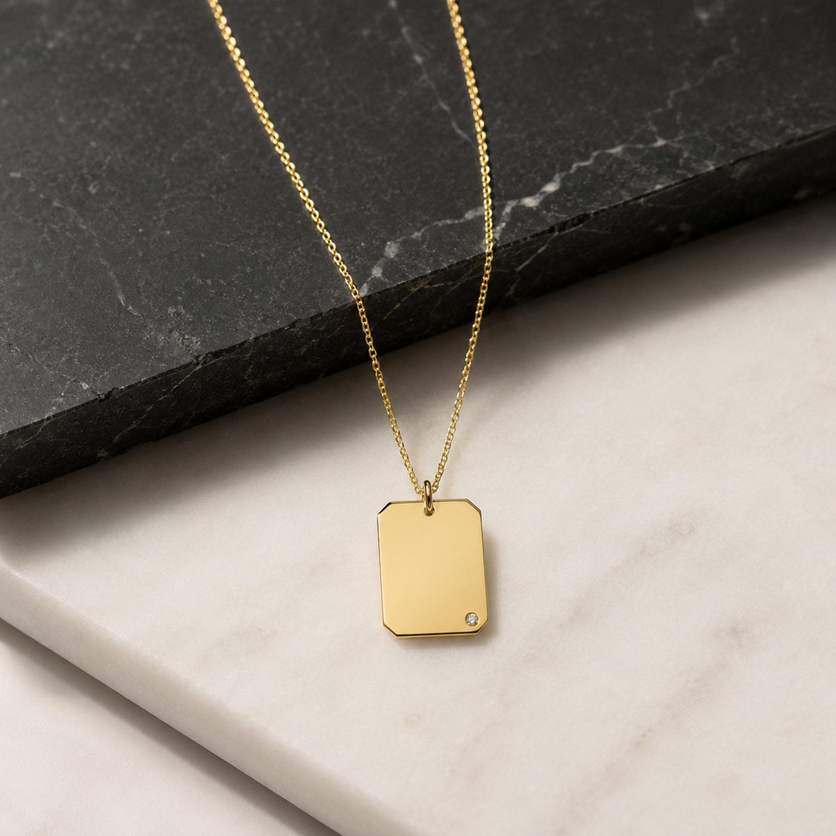 14K Solid Gold Diamond Dog Tag Necklace – Personalized Name, gallery view 7 of 10