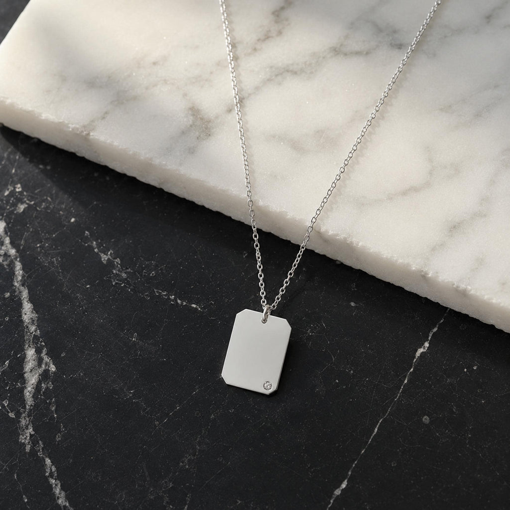 14K Solid Gold Diamond Dog Tag Necklace – Personalized Name, gallery view 9 of 10