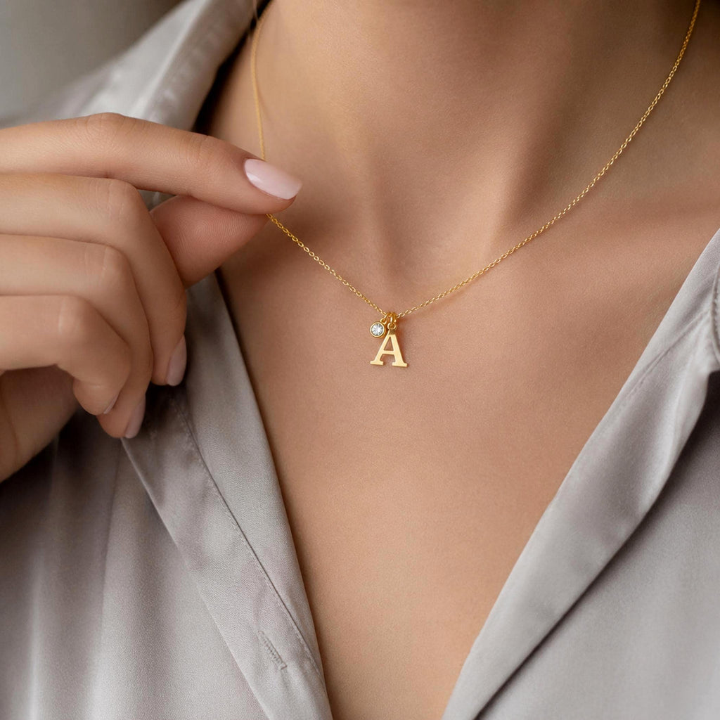 14K Solid Gold Diamond Initial Necklace, main product view