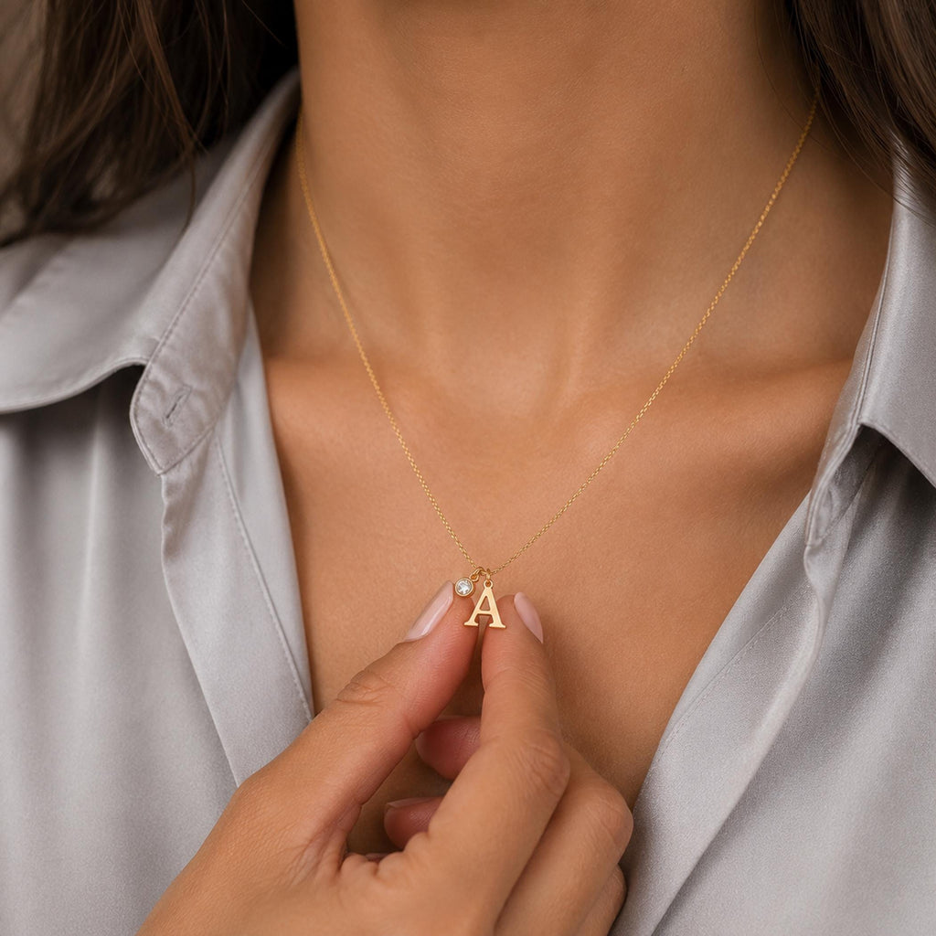 14K Solid Gold Diamond Initial Necklace, gallery view 8 of 10
