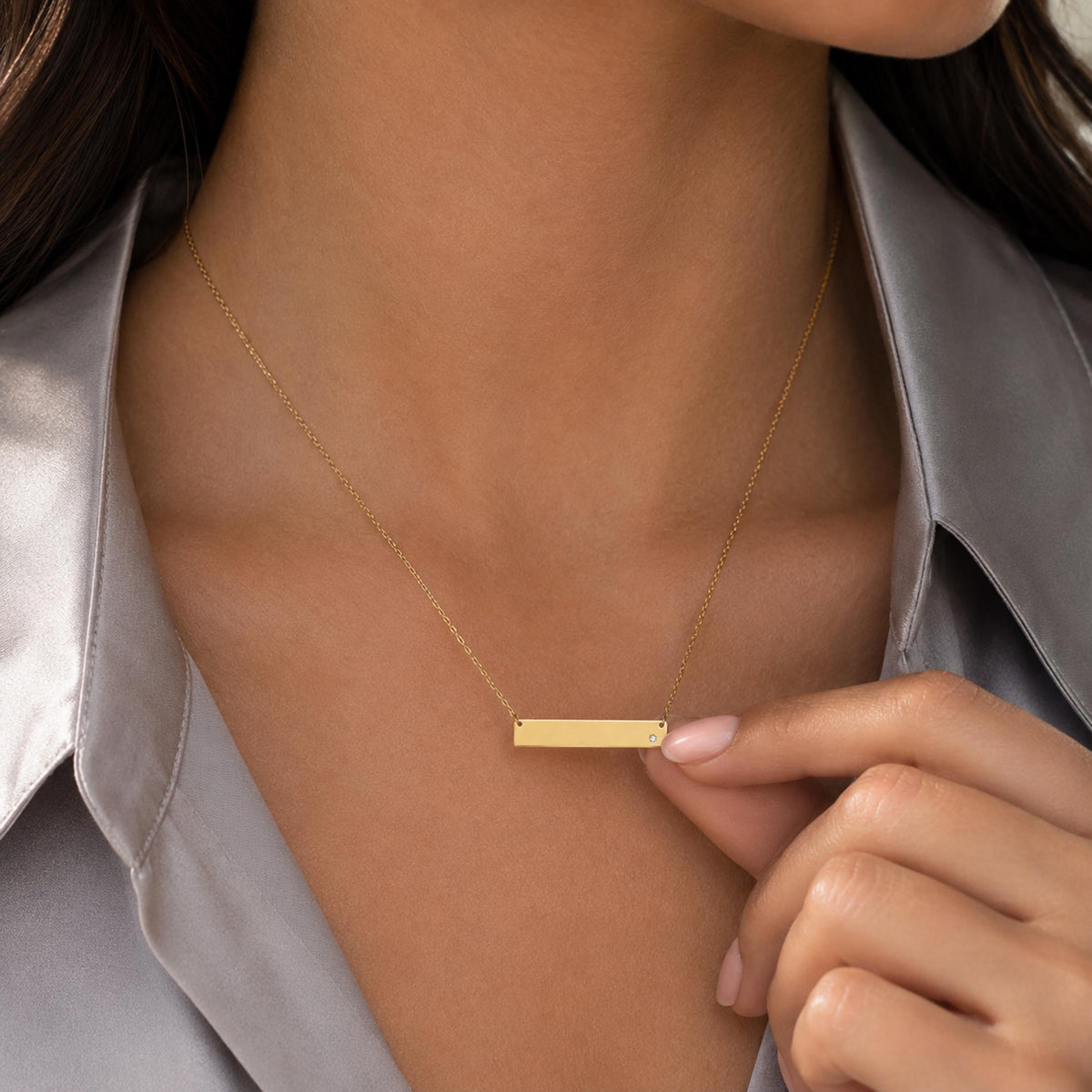 14K Solid Gold Diamond Name Bar Necklace – Personalized Engraved Plate, gallery view 2 of 10