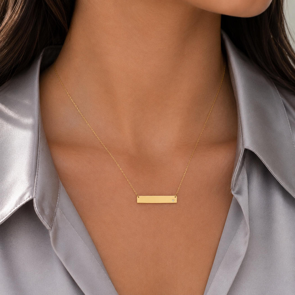14K Solid Gold Diamond Name Bar Necklace – Personalized Engraved Plate, gallery view 4 of 10
