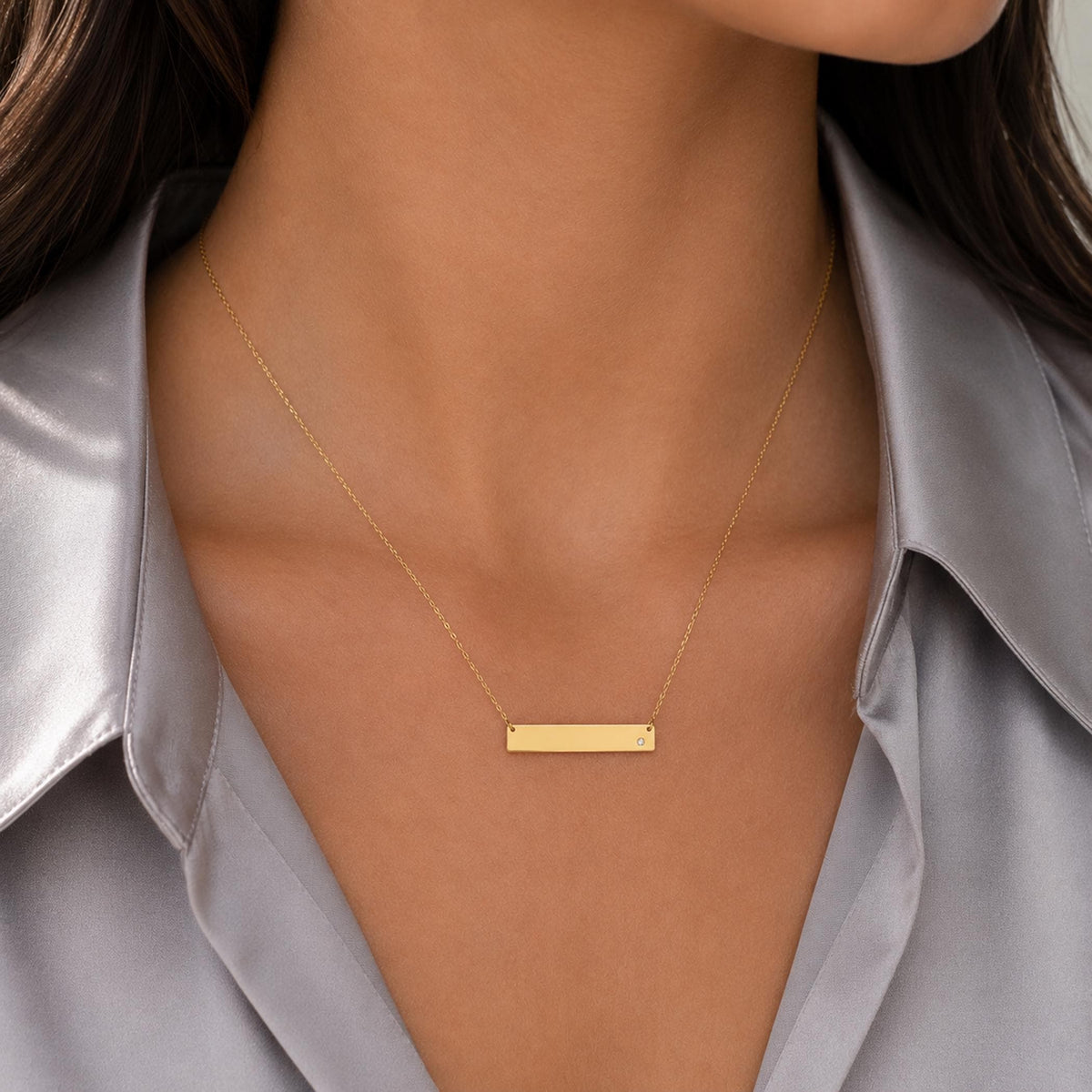 14K Solid Gold Diamond Name Bar Necklace – Personalized Engraved Plate, gallery view 4 of 10