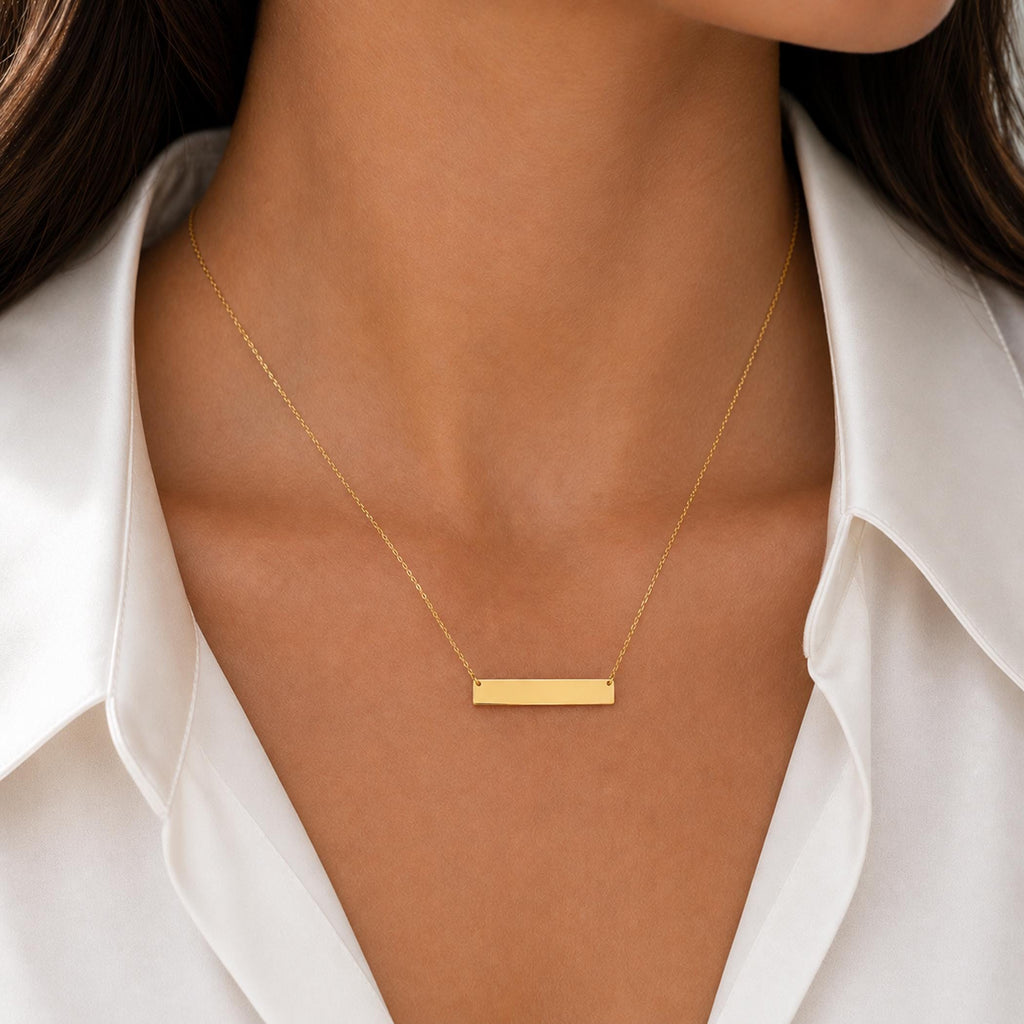 14K Solid Gold Diamond Name Bar Necklace – Personalized Engraved Plate, gallery view 7 of 10