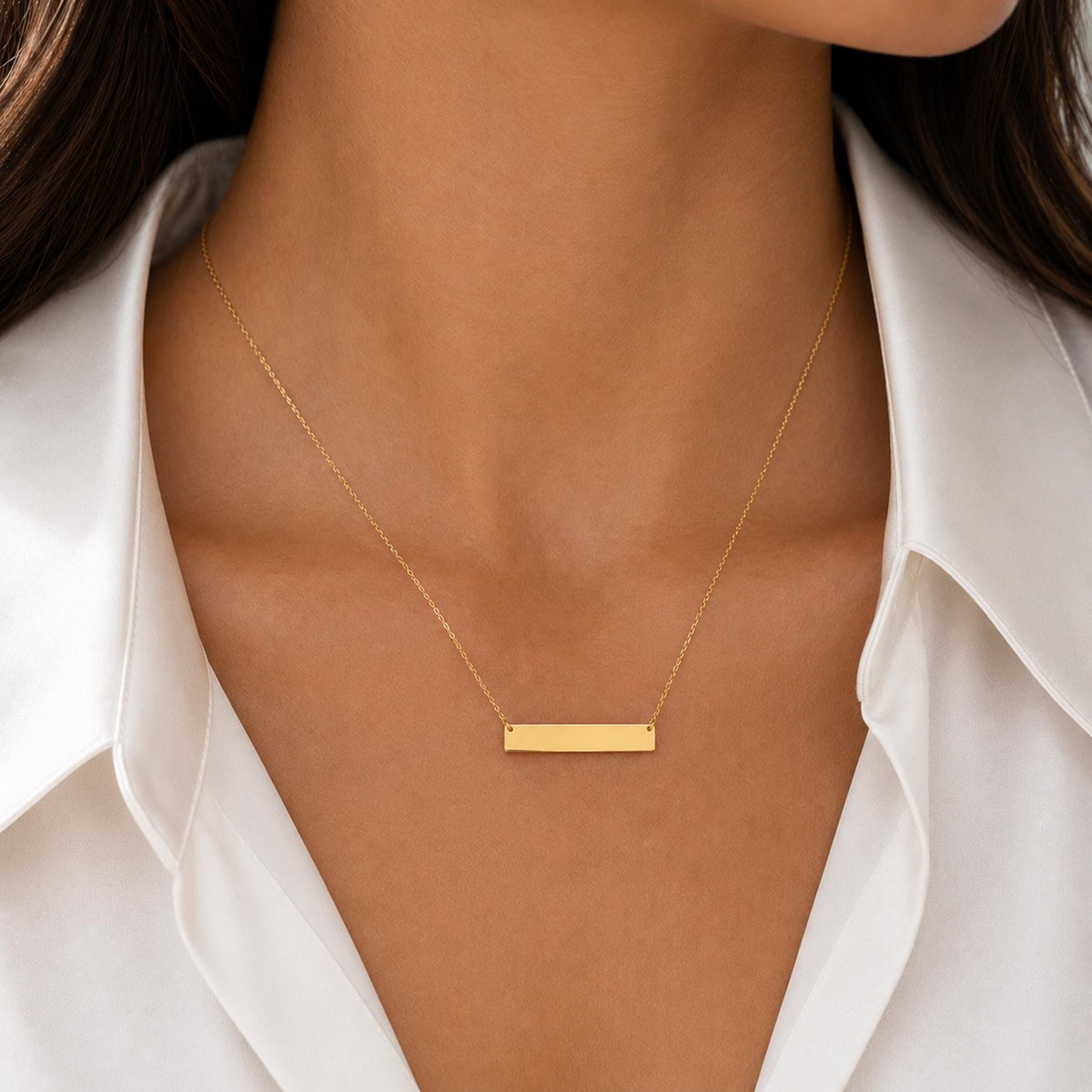 14K Solid Gold Diamond Name Bar Necklace – Personalized Engraved Plate, gallery view 7 of 10
