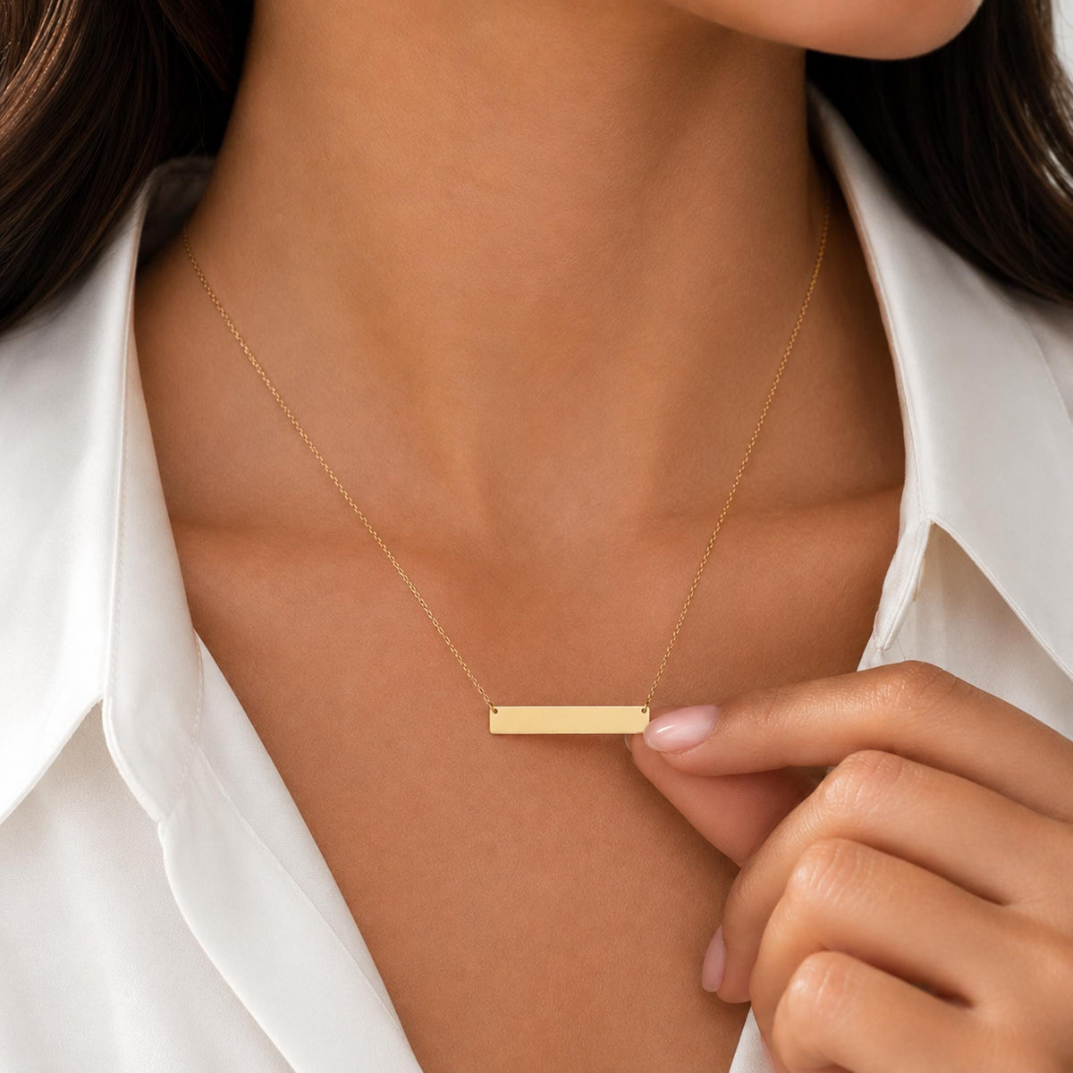 14K Solid Gold Diamond Name Bar Necklace – Personalized Engraved Plate, gallery view 8 of 10