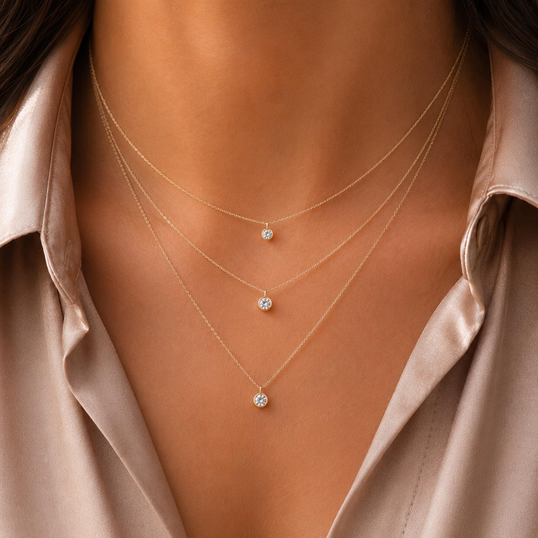 14K Solid Gold Diamond Necklace – Solitaire Bezel Pendant, gallery view 4 of 10