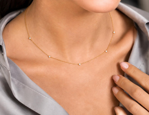 14K Solid Gold Diamond Station Necklace, gallery view 2 of 10