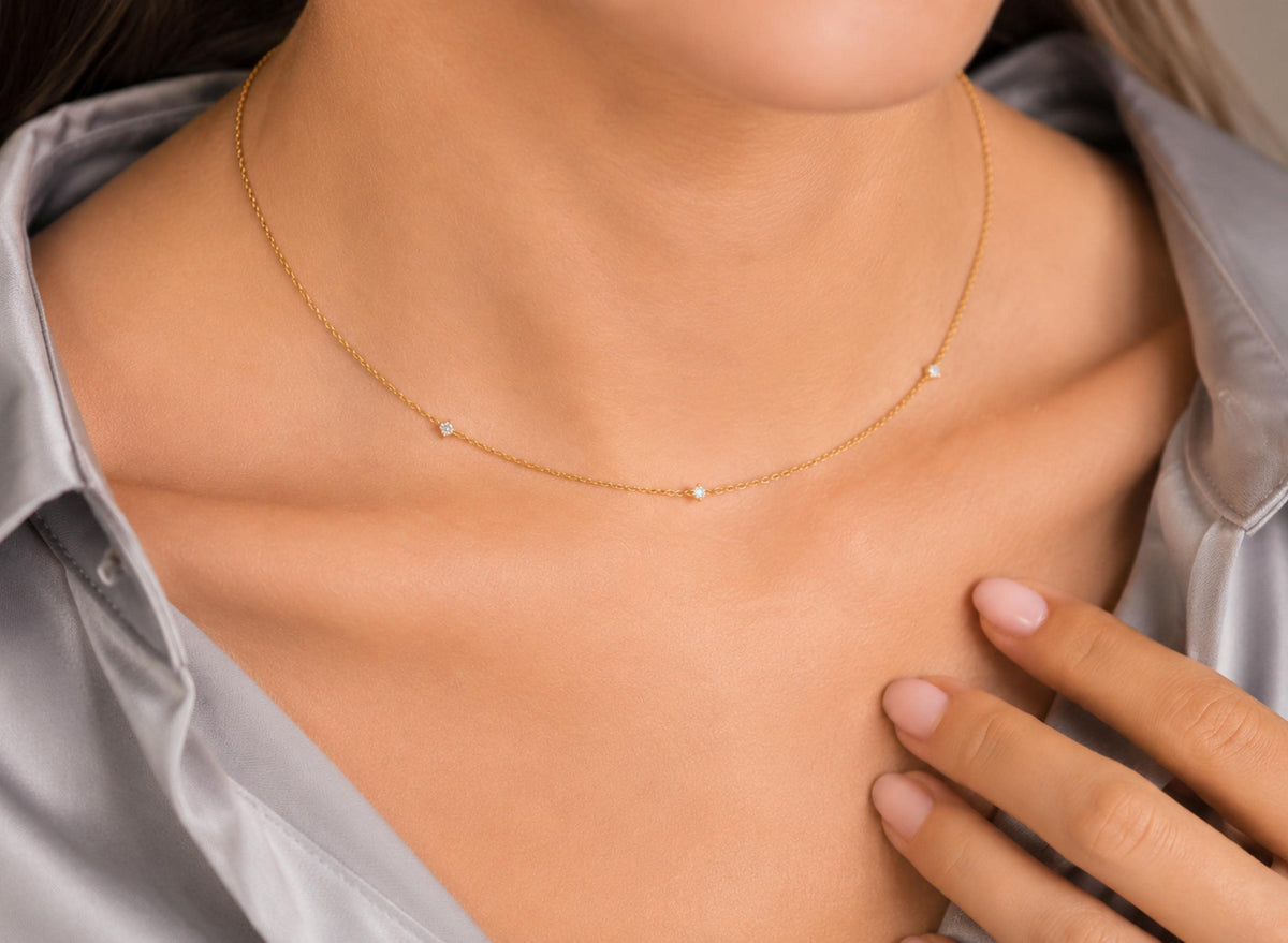 14K Solid Gold Diamond Station Necklace, gallery view 7 of 10
