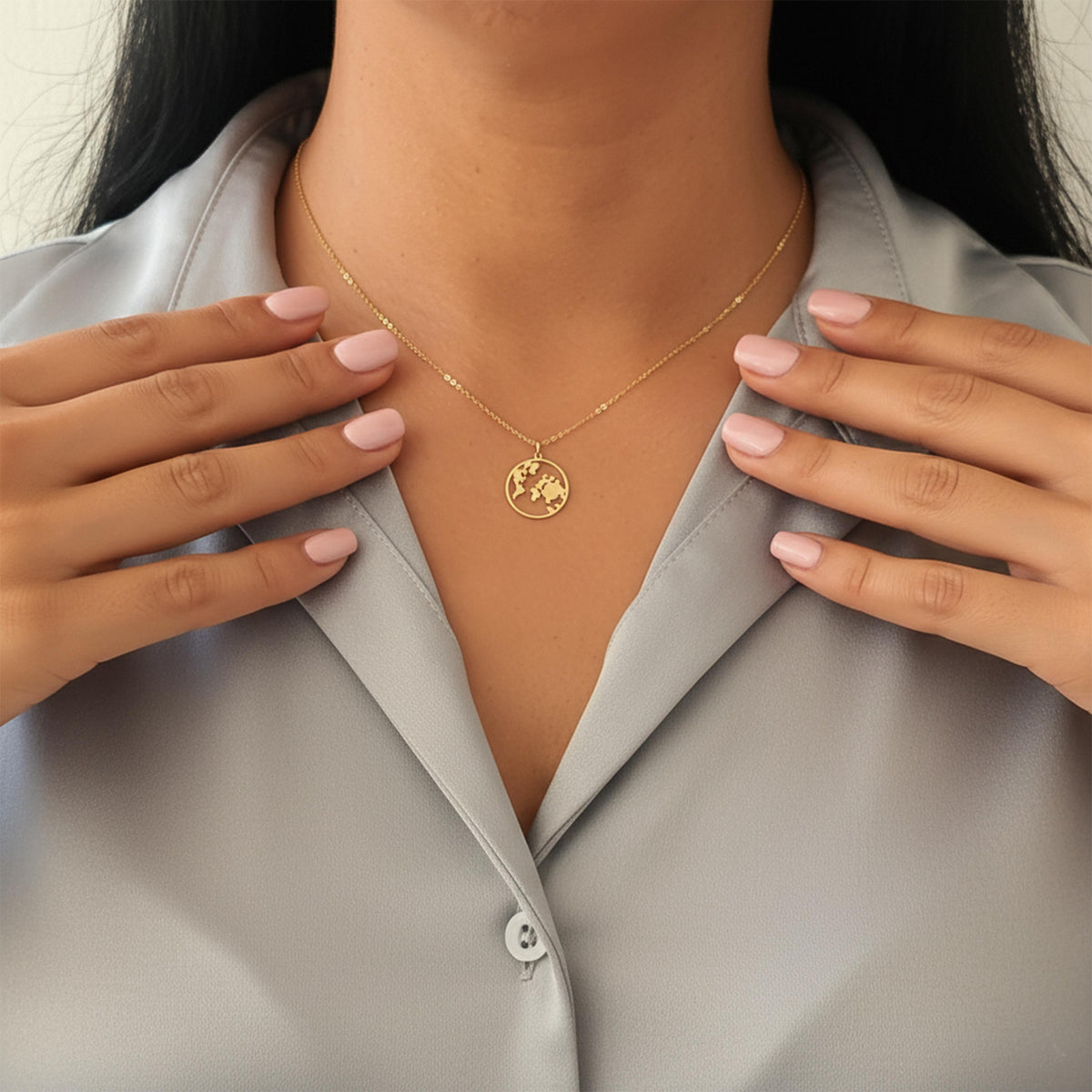14K Solid Gold Earth Necklace, gallery view 4 of 6