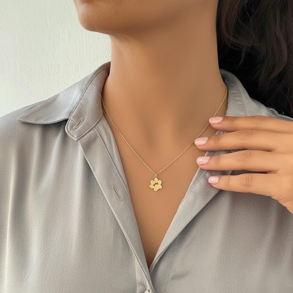 14K Solid Gold Engraved Paw Print Necklace, main product view