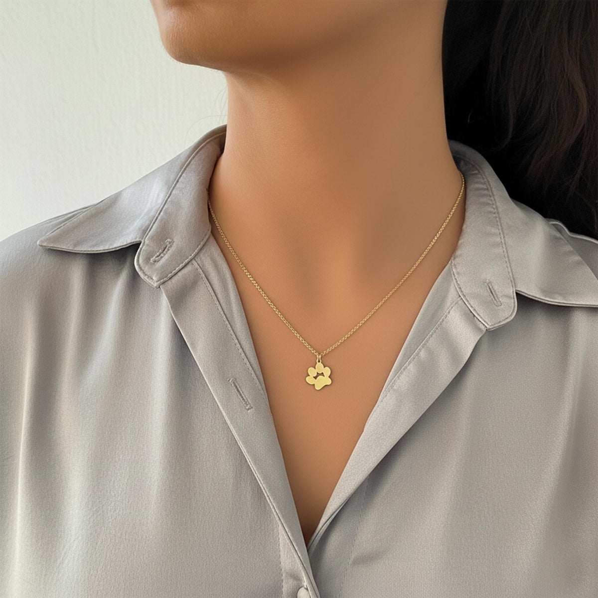14K Solid Gold Engraved Paw Print Necklace, gallery view 2 of 7