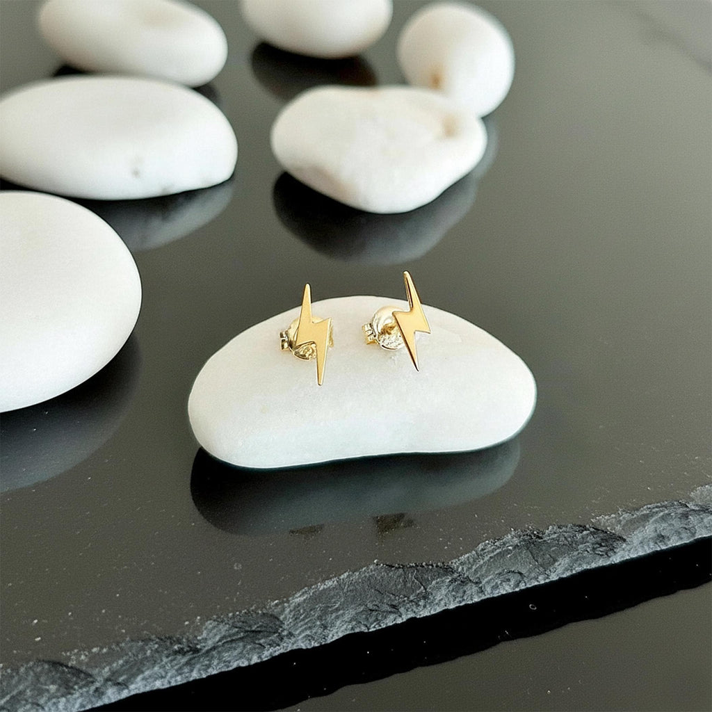 14K Solid Gold Everyday Lightning Bolt Stud Earrings, gallery view 3 of 6
